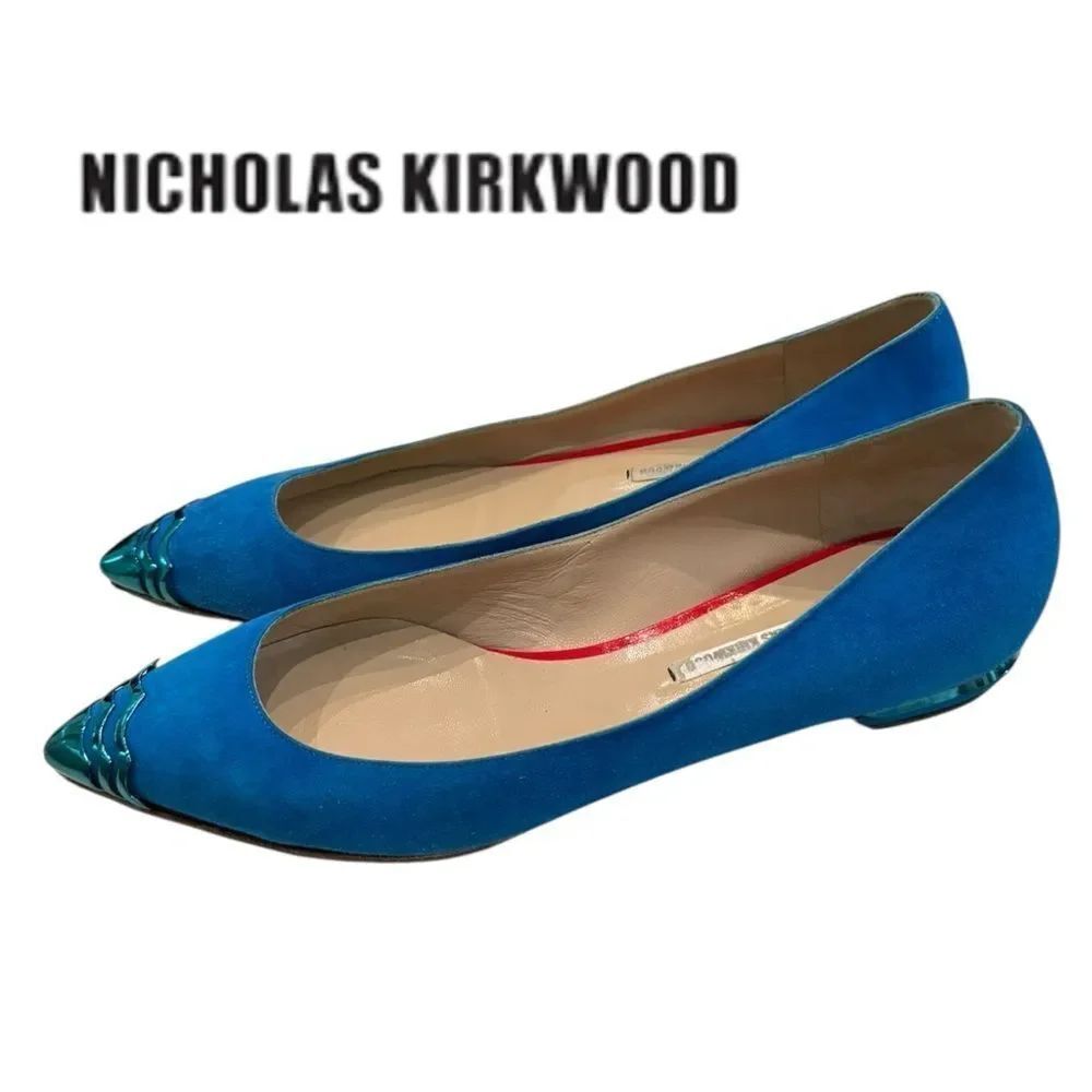 Nicholas Kirkwood Blue Suede Leather Pointed Toe Metallic Detail Flats 41